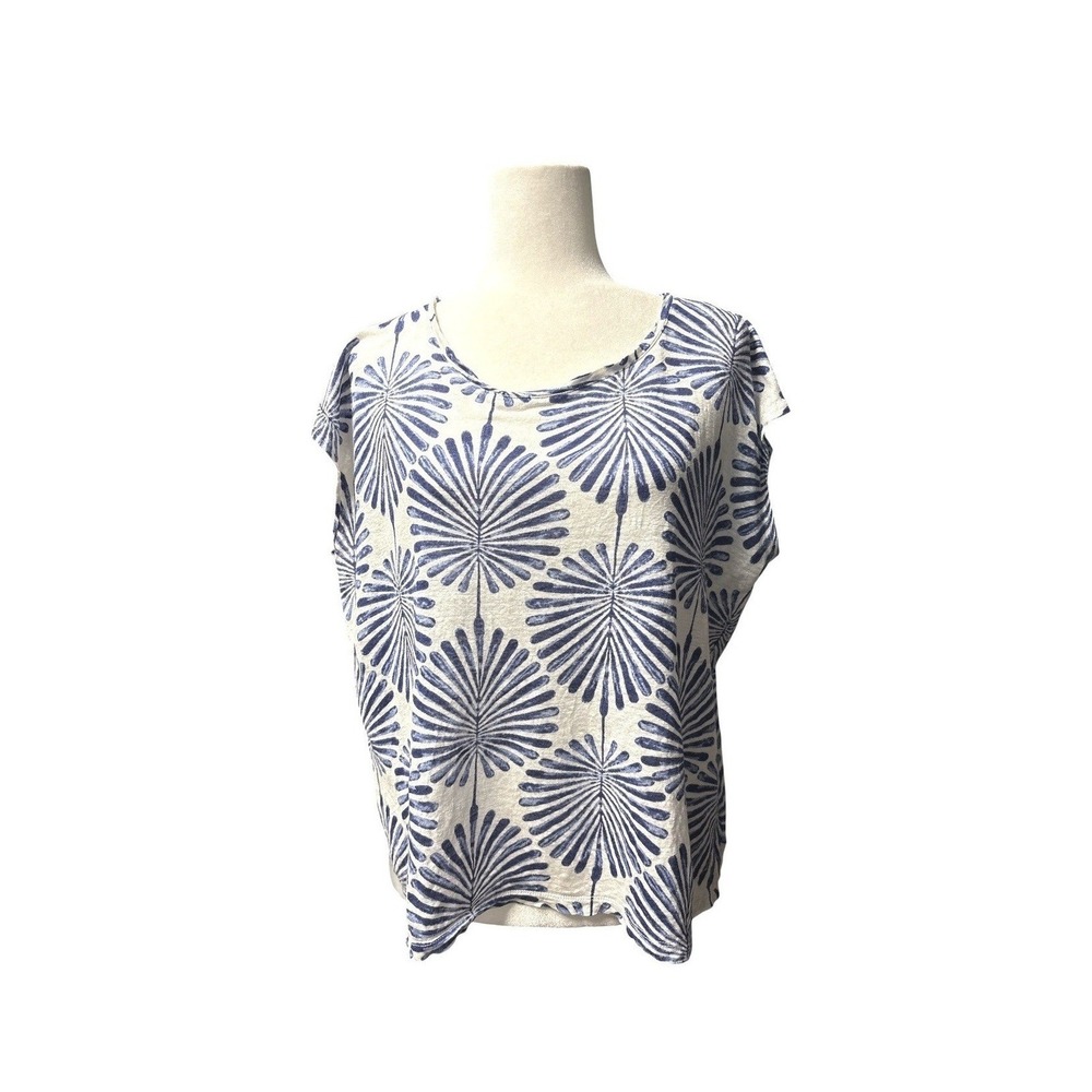Joie Womens Large 100% Linen Palm Leaf Print Button Back Top Navy Blue White